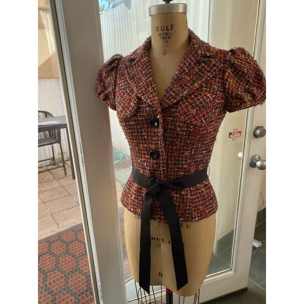 Trina Turk Red Wool Blend Short Sleeve 3 Button Cocktail Blazer Size 2 Boucle